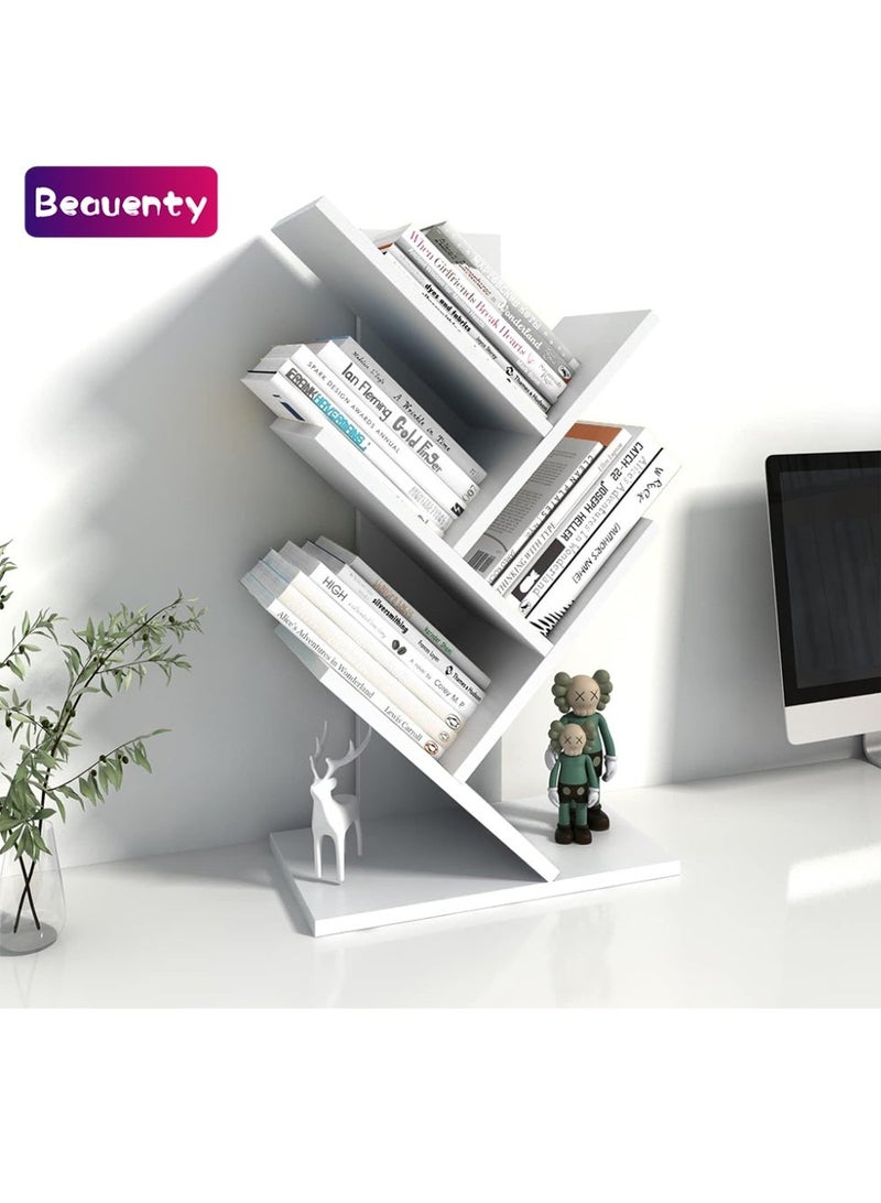 بيوينتي رف كتب مكتبي، رف كتب صغير لسطح المكتب، خزانة كتب قائمة على الأرض باللون الأبيض، منظّم كتب خشبي للمكتب، خزانات كتب صغيرة للمكتب/المنزل/المدرسة لعرض الأقراص المضغوطة والمجلات - أبيض - Image 1